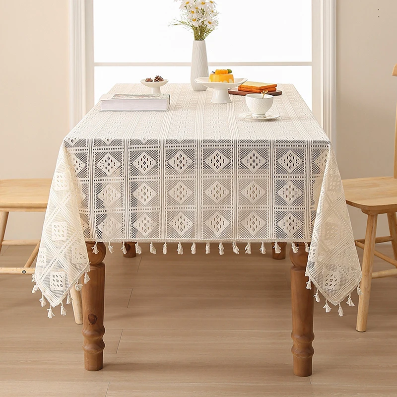 Luxury Crochet Diamond Solid Tablecloth Hollow Non-Slip Lace Table Cover for Wedding Banquet American Wear-Resistant Home Decor