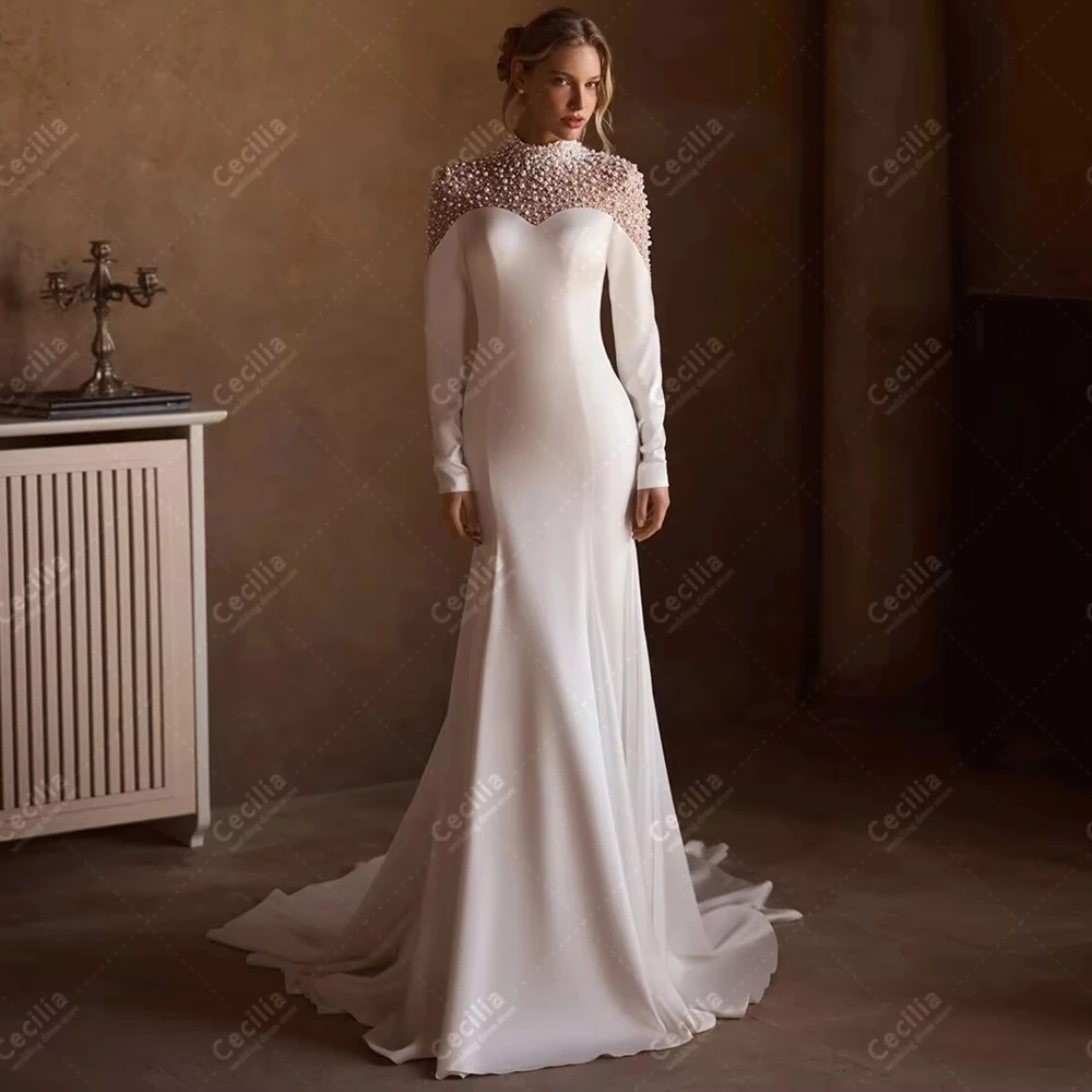 Charming Wedding Dresses Satin Bridal Gowns Pearl Decoration Robes Full Sleeves Floor Length Customized Vestidos De Novia 2026