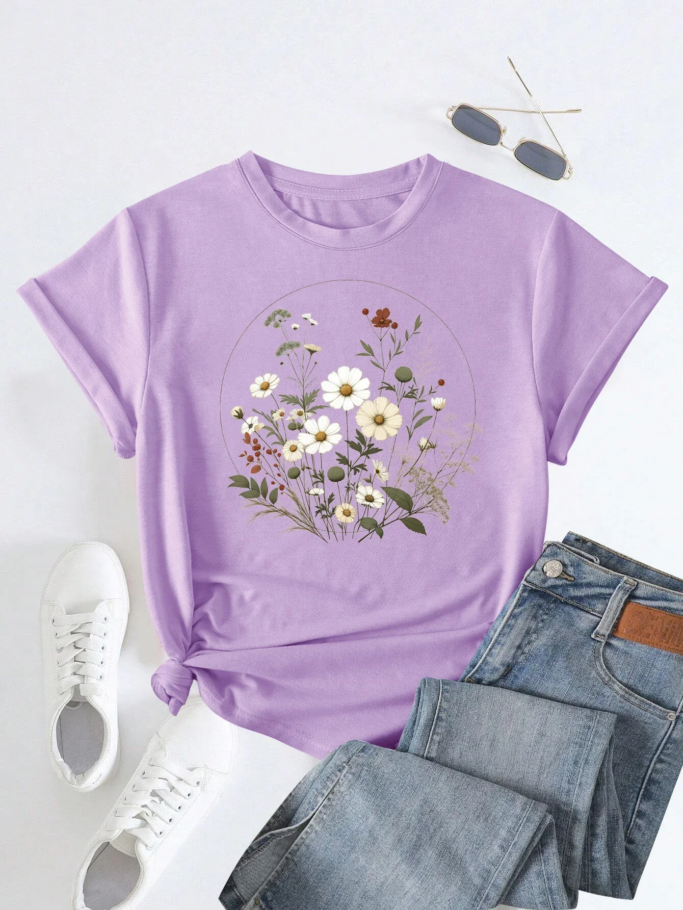 Retro Vacation Style Purple Floral Bouquet Print T-shirt Short Sleeve Crew Neck Casual Top For Summer&Spring Women\'s Clothing