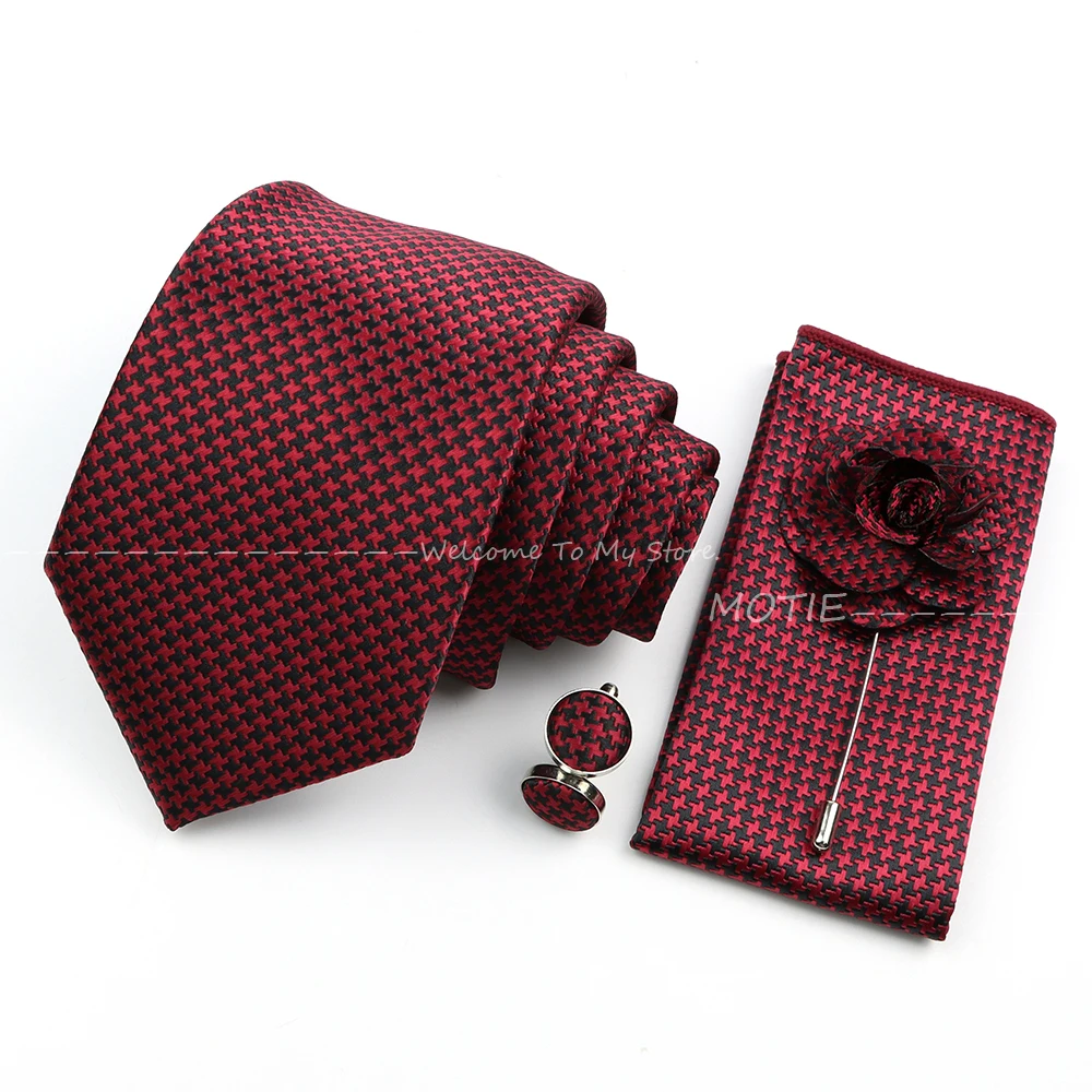 Original High Quality Polyester Tie Set Men Polka Dot Pattern Pocket Square Flower Brooch Cufflink Collar Casual Dress Accessory