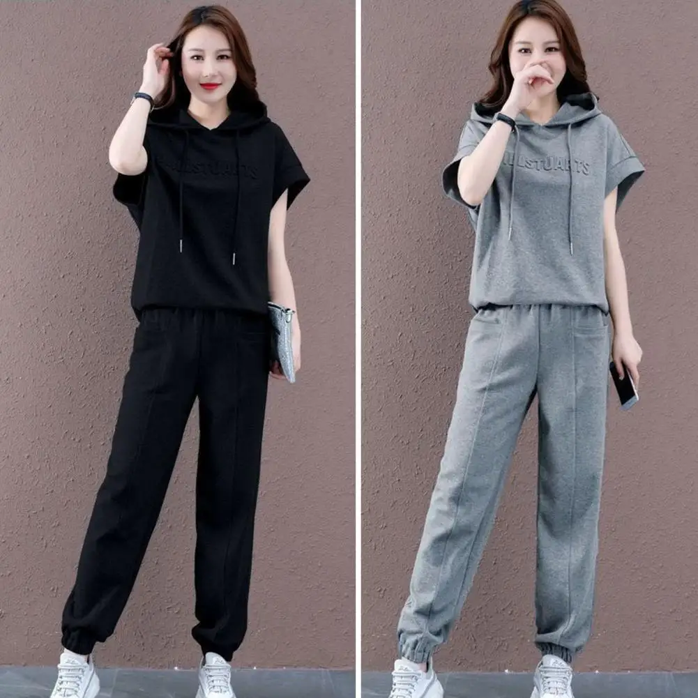 Conjunto de moletom e calça de manga curta feminina, moletom, calça casual, cor pura, esportivo, macio, feminina