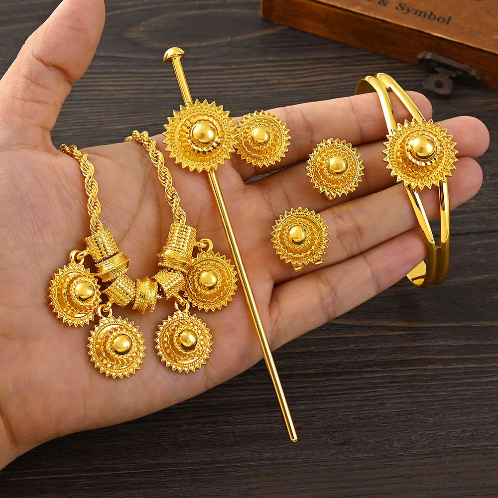 

24k Gold Color Plain Ethiopian Eritrea Ethnic Classic Cute Size Earring/Pendant/Ring /Bracelet Jewelry Bride Wedding Set Gifts