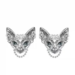 Unique Design Double Silver Color Sphinx Hairless Cat Stud Earrings Chain Cat Earrings for Women Men Party Ear Jewelry Gifts