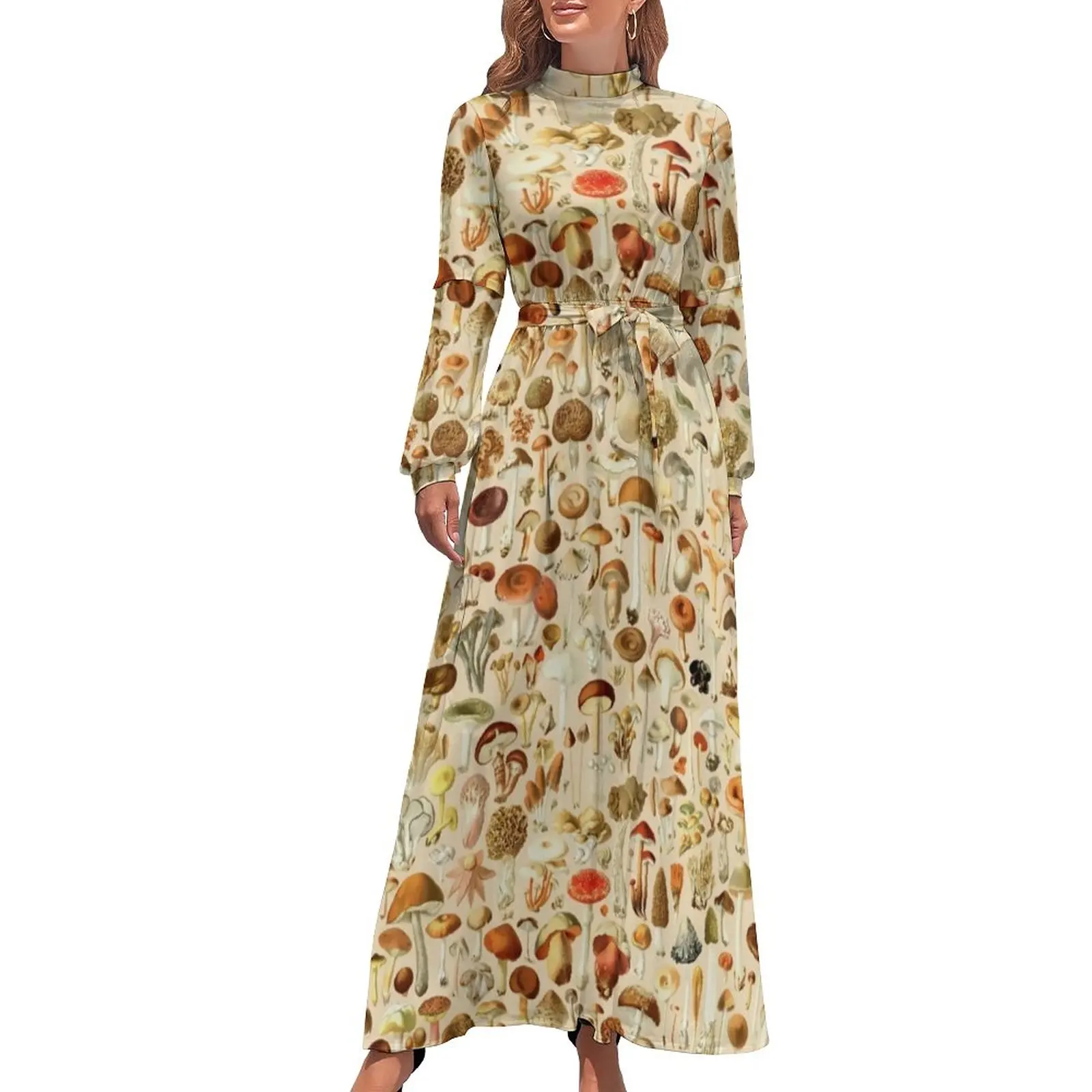 

Vintage Mushroom Dress Edible Print Trendy Print Maxi Dress High Waist Long Sleeve Street Style Beach Long Dresses
