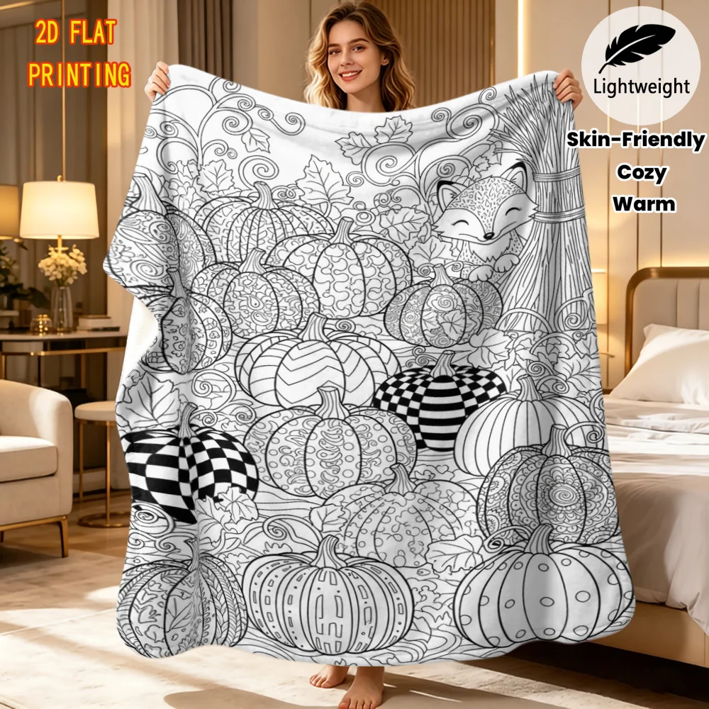 Pumpkin Fox Coloring Throw Blanket Fall Pumpkin Cute Fox Leaf Line Art Print Soft Flannel for Bedroom Sofa DIY Craft Decor Gift