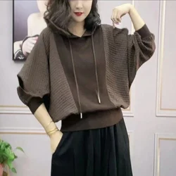 Fashion Hooded Spliced Lace Up Batwing Sleeve Blouses Women's Clothing Autumn Winter Loose Casual Pullovers Commuter Shirts
