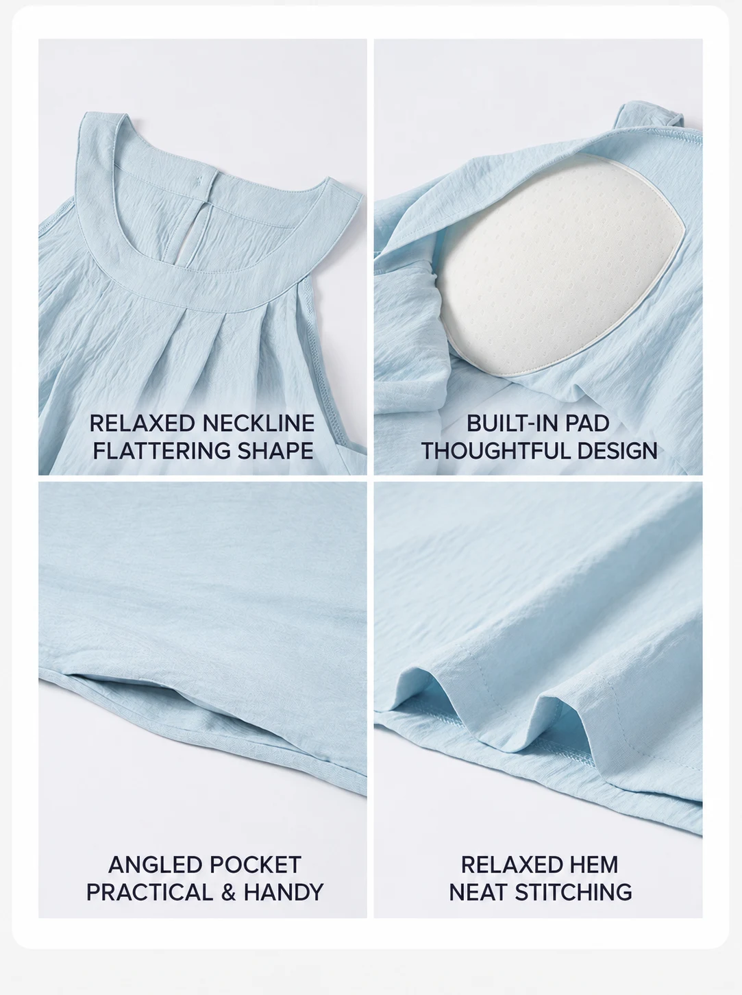 Damen Gepolstertes Ärmelloses Nachthemd mit Eingebautem BH, Herausnehmbaren Polstern, Langes, Weiches Schlafkleid, Sommer-Loungewear, Hauskleid mit Tasche – Detail 16