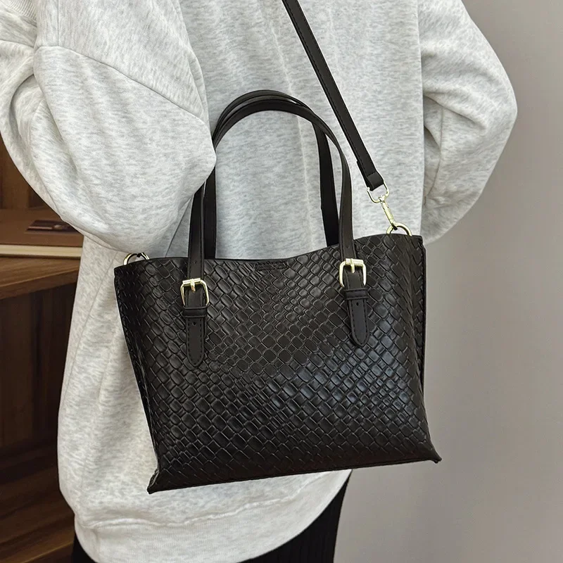 

Minimalist Woven Bucket Bag Women's Convertible Shoulder Purse Solid Color Top Handle Work to Weekend