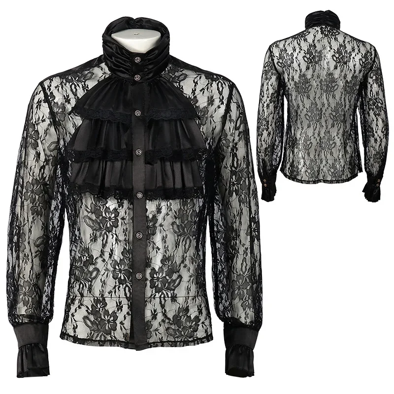 

Men Renaissance Long Sleeve Lace Shirt Medieval Pirate Steampunk Colonial Shirt Top Halloween Perform Costume Homme