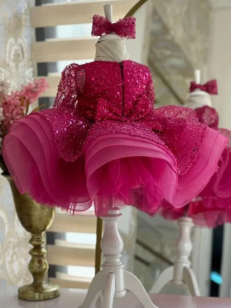 Luxurious Rose Pink Baby Girls Dresses Tulle Tiered Infant Girls Birthday Party Gown Christmas New Year Dress Gift