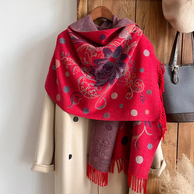 

New floral peony lotus ethnic style faux cashmere fringe warm scarf shawl cape for women