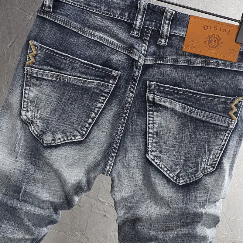 Newly Designer Fashion Men Jeans High Quality Retro Gray Blue Stretch Slim Fit Ripped Jeans Men Embroidery Vintage Denim Pants