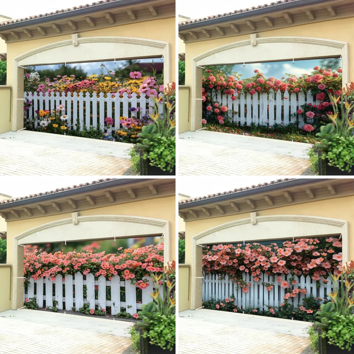 Garage Door Backdrop Rose Flower White Fence Outdoor Decor Party Banner for Wedding Birthday Spring Photo Booth Patio Wall YardG