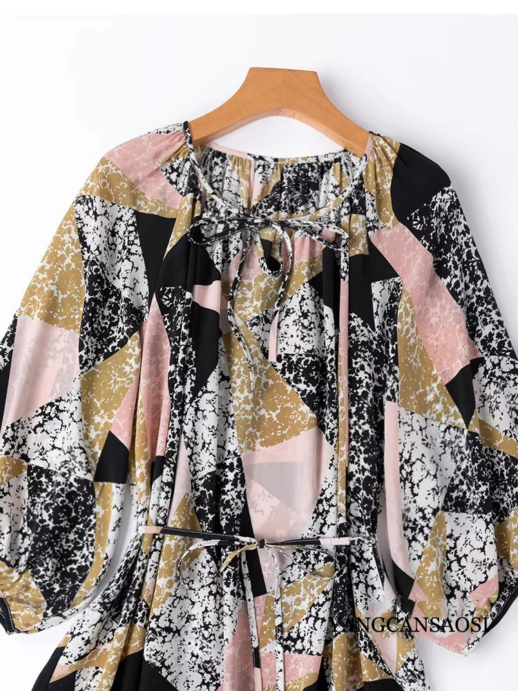 Women's Casual Summer New Color Blocking Loose 100% Natural Mulberry Silk Crepe De Chine Round Neck Vacation Style Dress