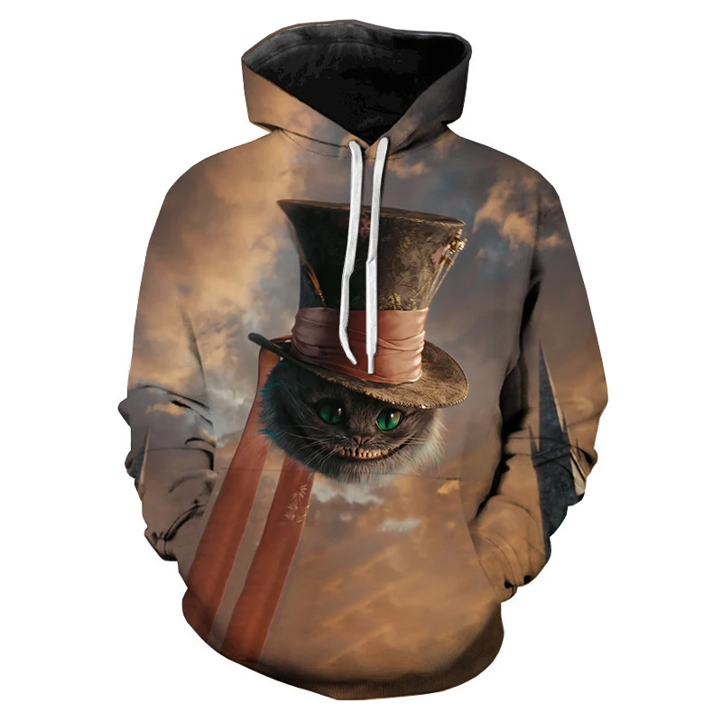 Sudadera con capucha de Cosplay de gato de Cheshire divertido para hombre, de película 3D Sudadera con capucha, abrigo informal, Tops de moda