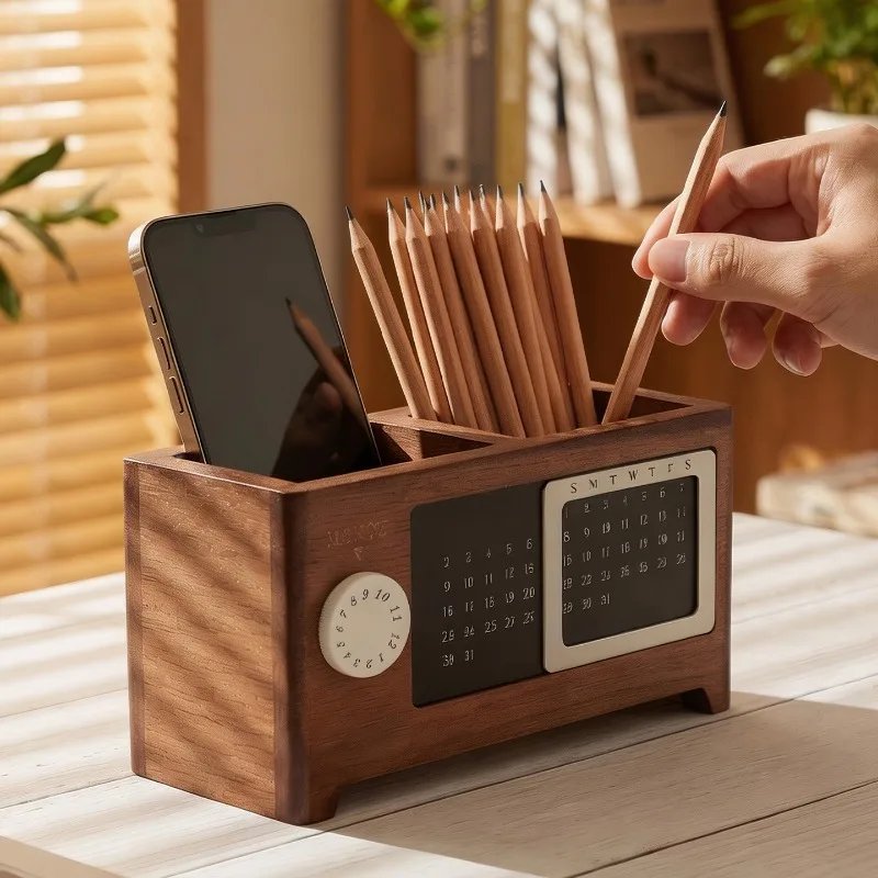 Solid Wood Pen Holder Desktop Storage Organizer with Perpetual Calendar Luxury Desk Decor Ideal Birthday Gift for Office Use