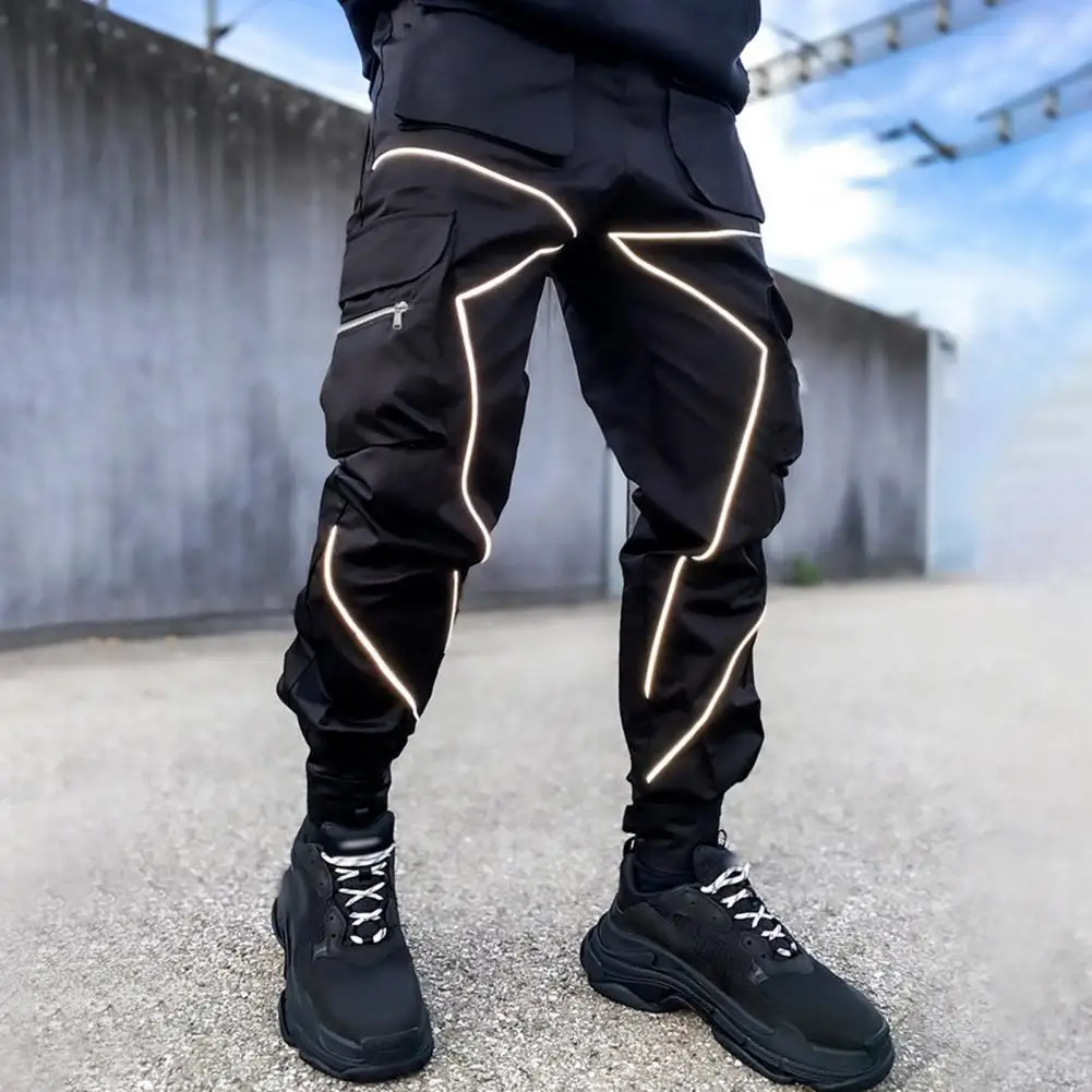 Reflective Strip Men Cargo Pants Straight Leg  Sports Jogging Pants Reflective Patchwork Multi Pockets Drawstring Casual Pants