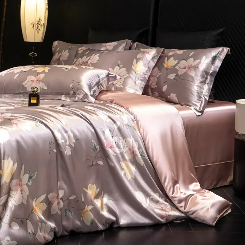 4pcs Printed Luxury High-End Silk Bedding Set Soft Satin Single Double Duvet Cover Pillowcase Flat Sheet or Fitted Sheet Set