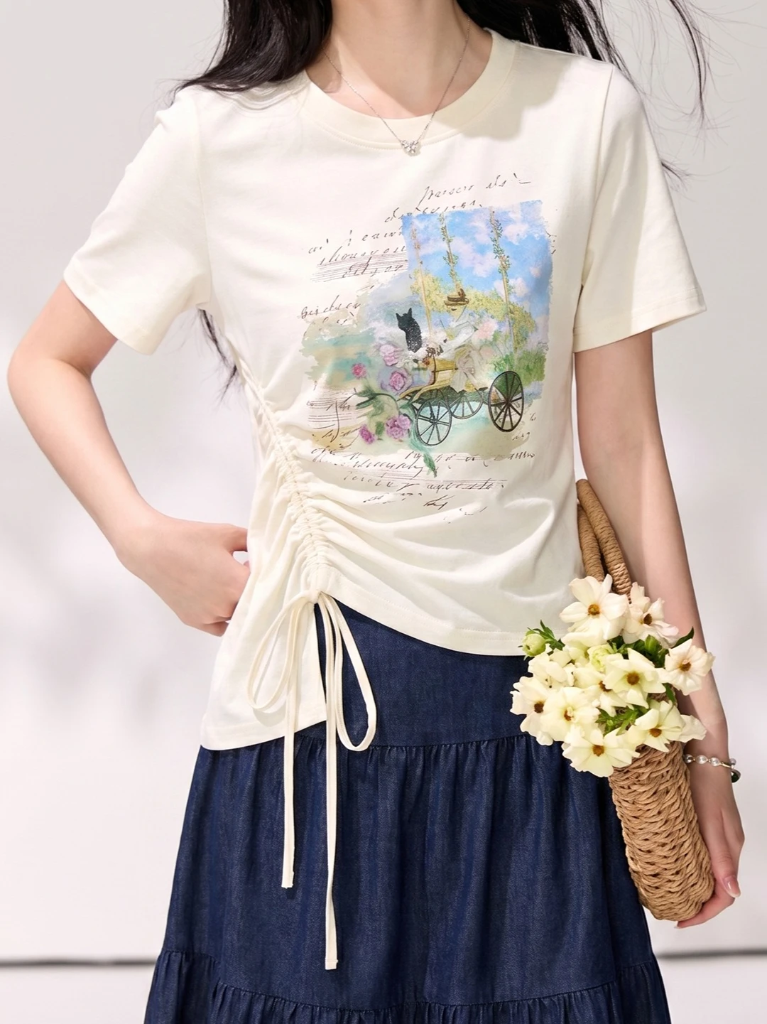 Retro Oil Painting Print Side Gathered Lace-up Short Sleeve T-shirt Summer Women's Waist-cinching Slimming Casual Versatile Top