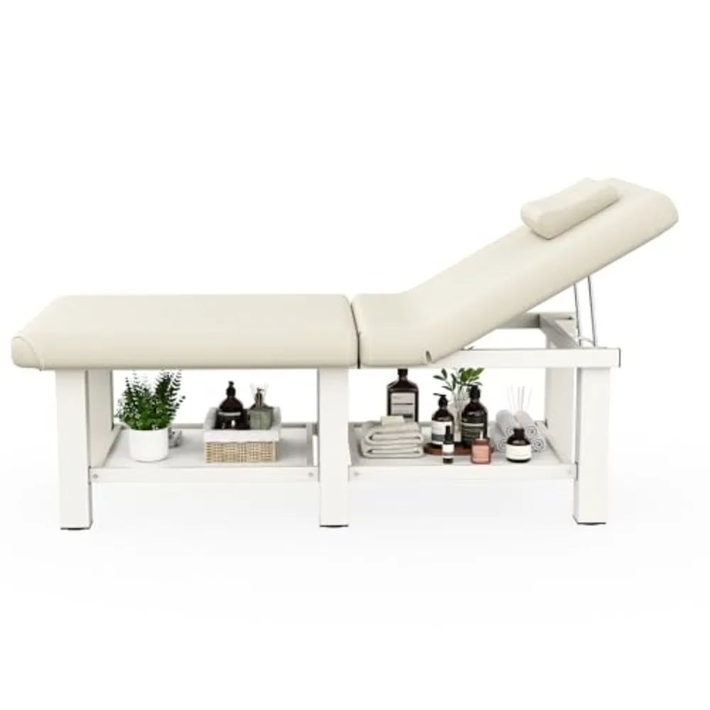 30.5in Wide × 75in Long Stationary Massage Table with Backrest and Storage Space, Metal Frame PU Leather for Treatment