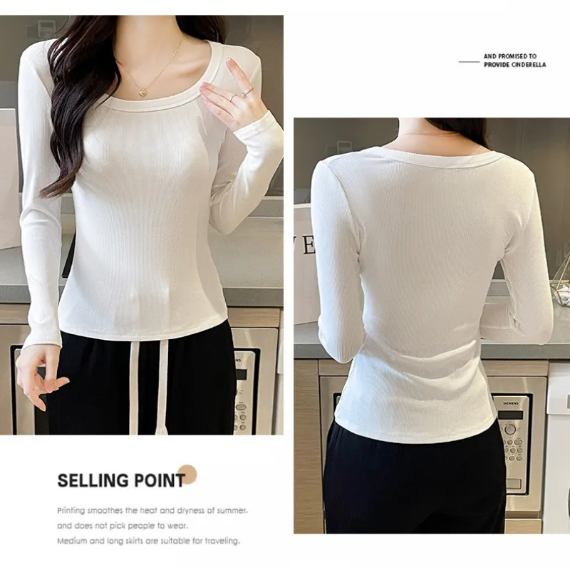 Spring Autumn Women's Pullover Round Neck Solid Long Sleeve Vacation T-shirt Undershirt Office Lady Fashion Skinny Casual Tops