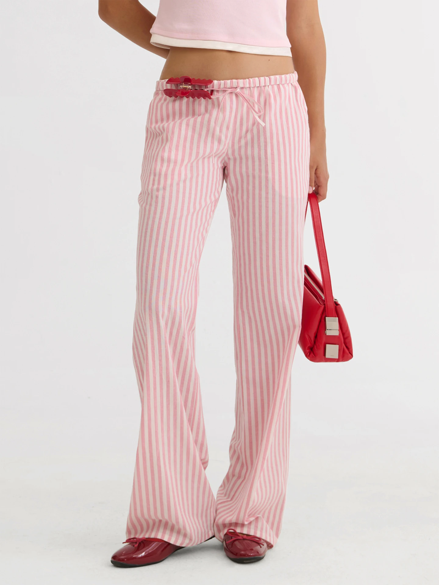 Dozzease Pure Cotton Pink Striped Straight Leg Pants Women's Drawstring Elastic Waist Loose Casual Trousers Casual Loose Fit