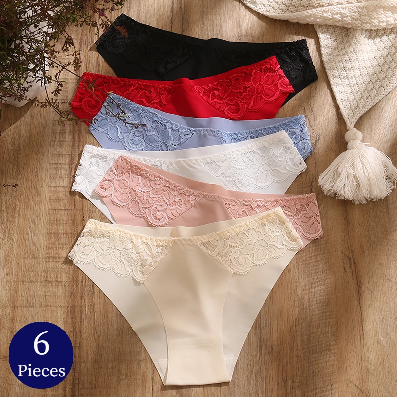 BZEL 6PCS/Set Women\'s Panties Sweet Lace Underwear Exquisite Sexy Lingerie Woman Silk Satin Briefs Comfort Breathable Underpants