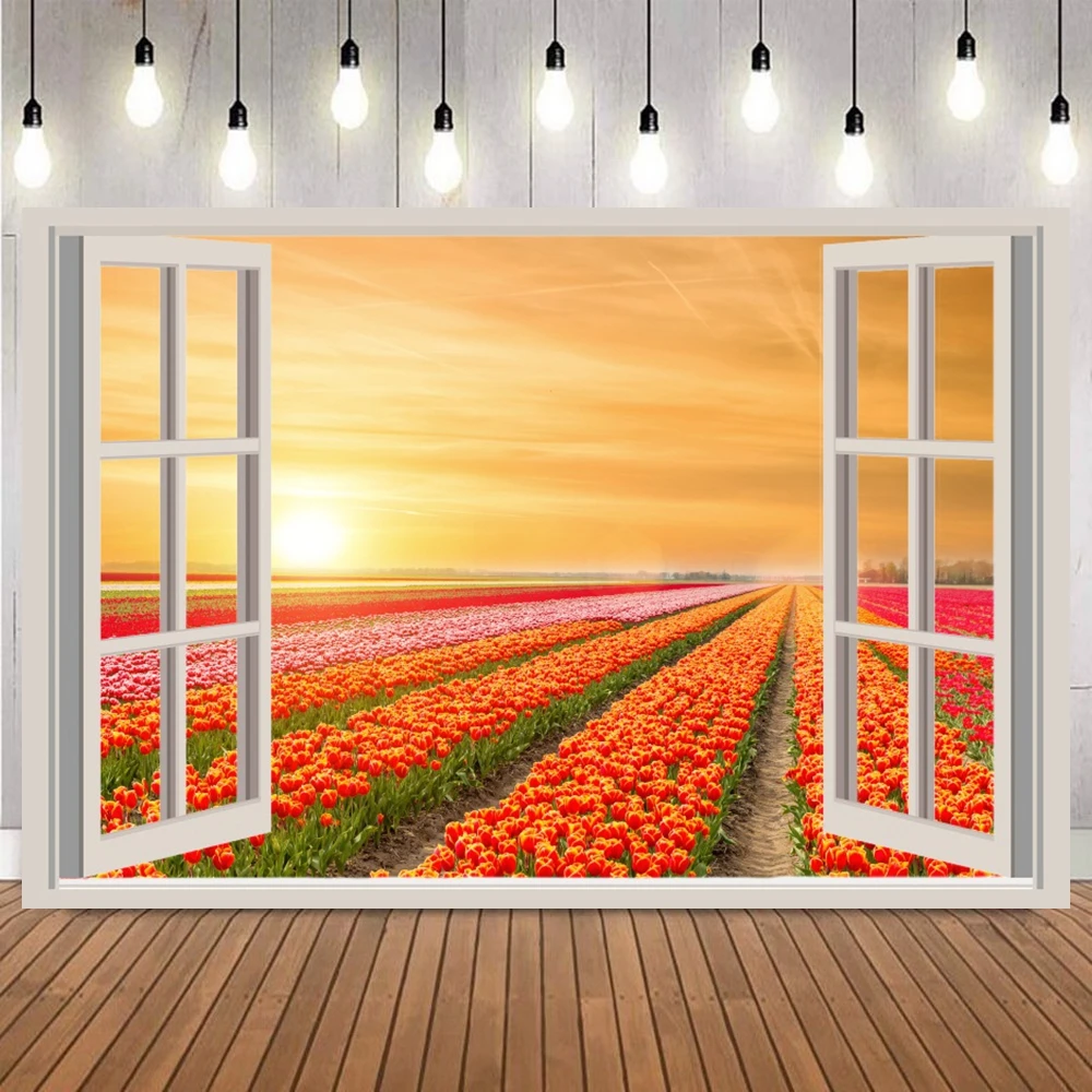 Spring Scenic Photography Backdrop Window View Room Spring Green Tree Grassland Curtain Poster Pattern Photo Background Props