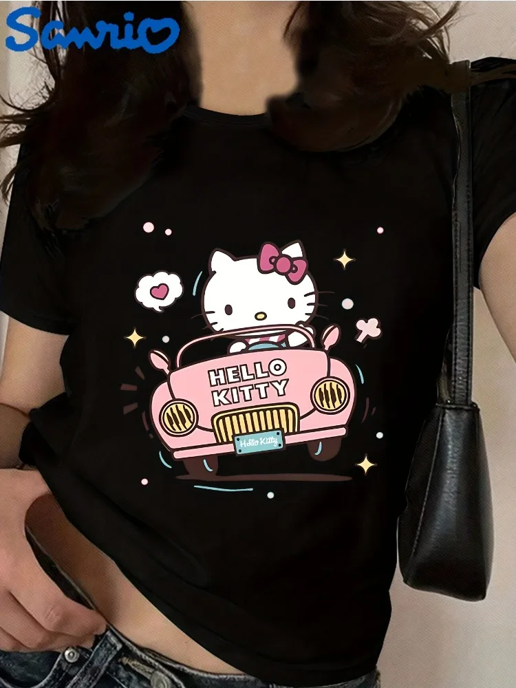 

Fashionable Summer Sanrio Hello Kitty Cute Cartoon Print Round Neck Womens T-Shirt Y2KT Oversized 100% Cotton Shirt Harajuku Top