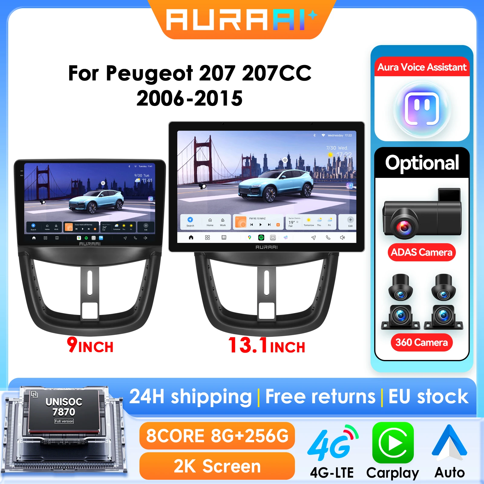 8G 256G AURAAI X100 2K Bildschirm Intelligente Auto Radio Für Peugeot 207 207CC 207SW Carplay 2006 -2015 ADAS 360 Kamera 3D UNISOC 7870
