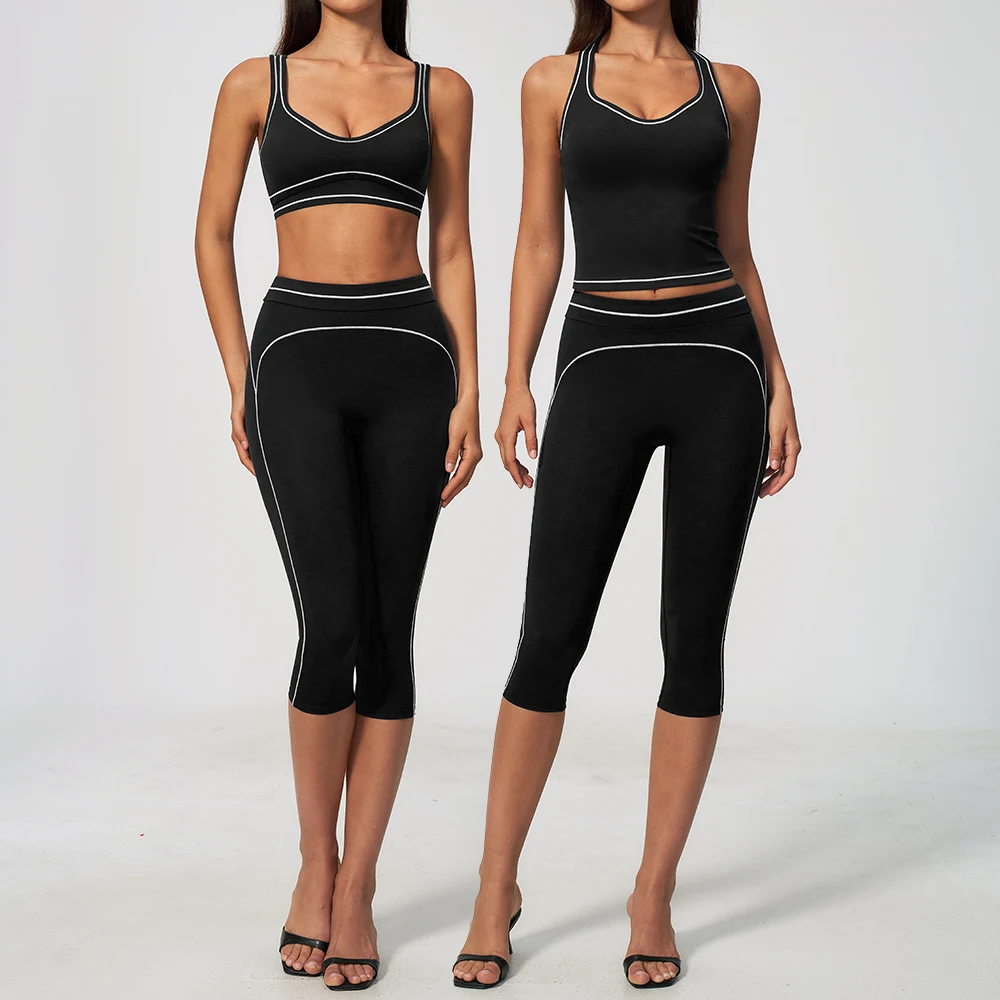 Women Contrast Stitch Racerback 2 Piece Yoga Set High Waist Capri Legging For Yoga Class Pilates Meditation Gym Fitness Training