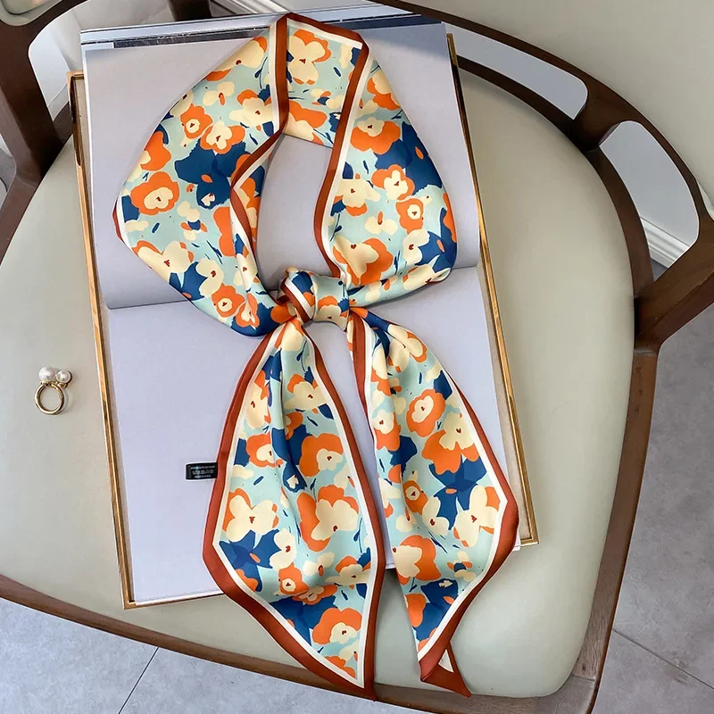 2024 Fashion Silk Scarf for Women Narrow Long Wrist Small Ribbon Hair Band Scarves Foulard  Female Floral Print Kerchief