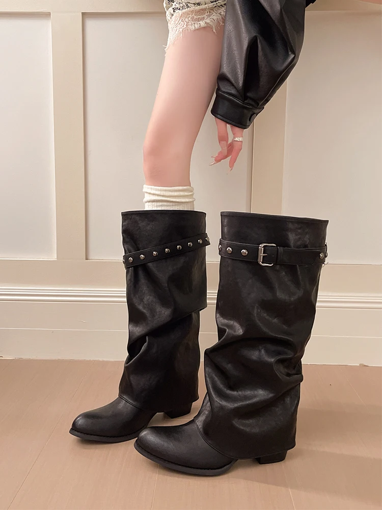 Black Buckle Belt Large Tube Long Boots Spring Autumn Season Women's Fashion Boots Pointed Toe High Heel PU Leather Booties