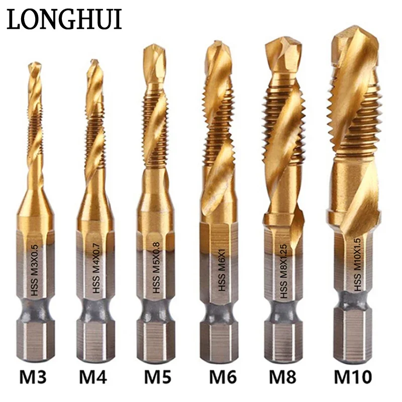 6PCS Compound Tap Drill Bit Set Hex Shank Titanium Plated HSS Screw Thread Bit Screw Machine Tap M3 M4 M5 M6 M8 M10 Hand Tools