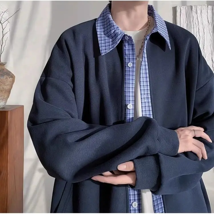Blue Plaid Short Jacket Men's Autumn Casual Style Shirt Collar Open Cardigan Sweatshirt Fake Two-Piece Business Scene Polyest...