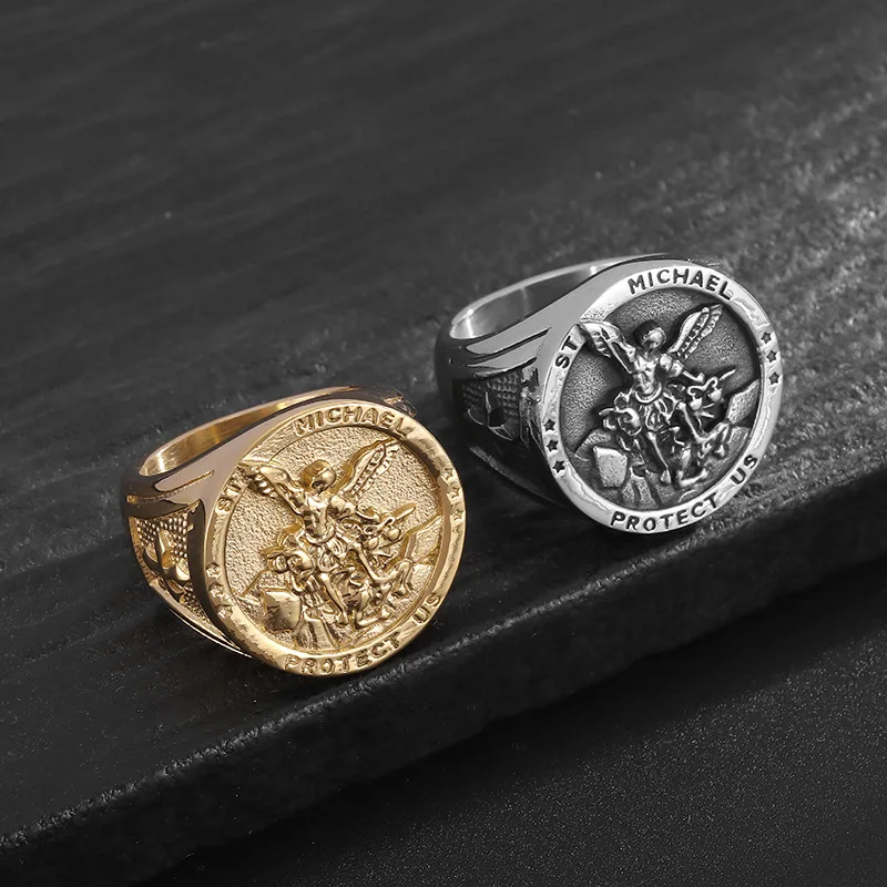 Anello Da Uomo Per Esorcismo Arcangelo Saint Clair In Acciaio Inossidabile Elettrolitico Sotto Vuoto Per Moda E Spiritualità-image