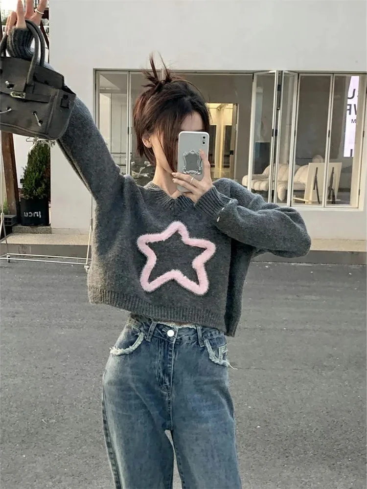 Streetwear Crop Knit Sweater Harajuku 3D Star Print Casual Women Pullovers American Vintage Hottie Long Sleeve V Neck Jumpers