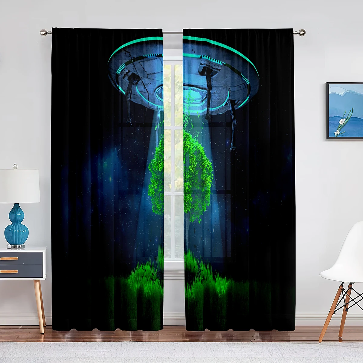 UFO Night Scenery Science Fiction Sheer Voile Curtains for Living Room Modern Curtain Bedroom Tulle Curtains Window Drapes Decor