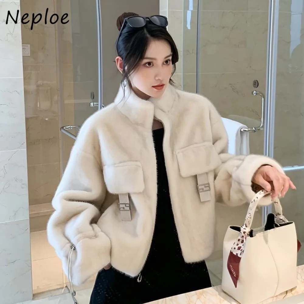 

Neploe Light, роскошная элегантная верхняя одежда знаменитостей, новые короткие меховые пальто с воротником-стойкой, модная женская одежда, пушистые теплые универсальные однотонные пальто