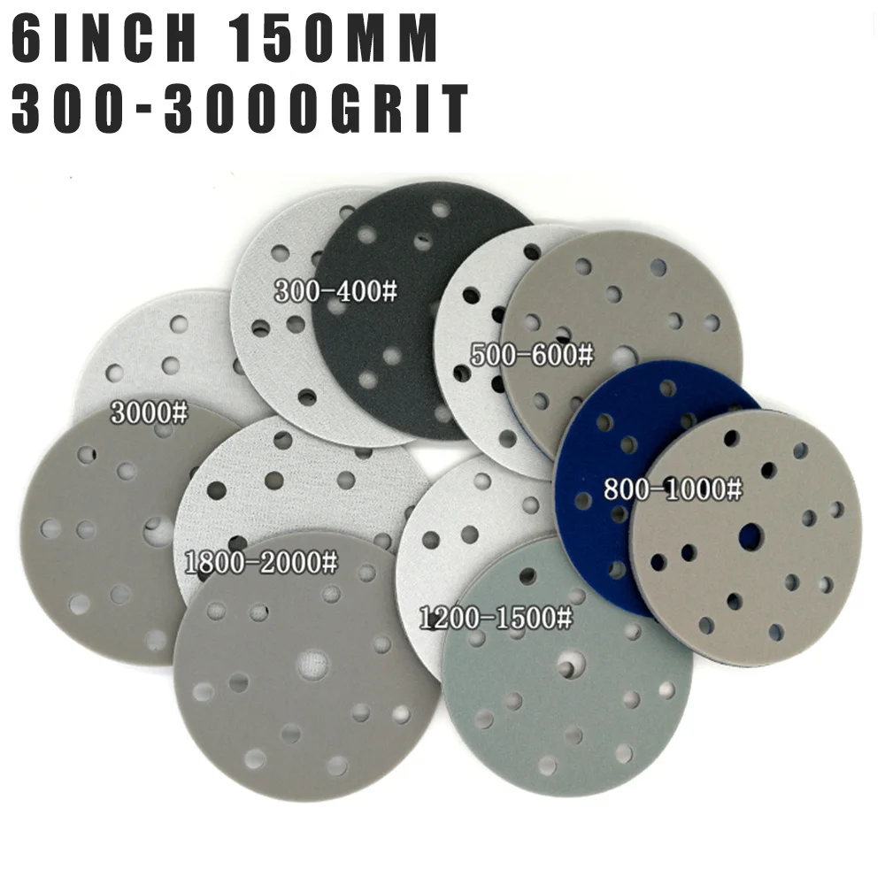 

6 Inch 150mm 15 Hole Flocking Sponge Sanding Disc Sandpaper Wet And Dry Hook Loop 300-3000 Grit for Car Polishing and Grinding