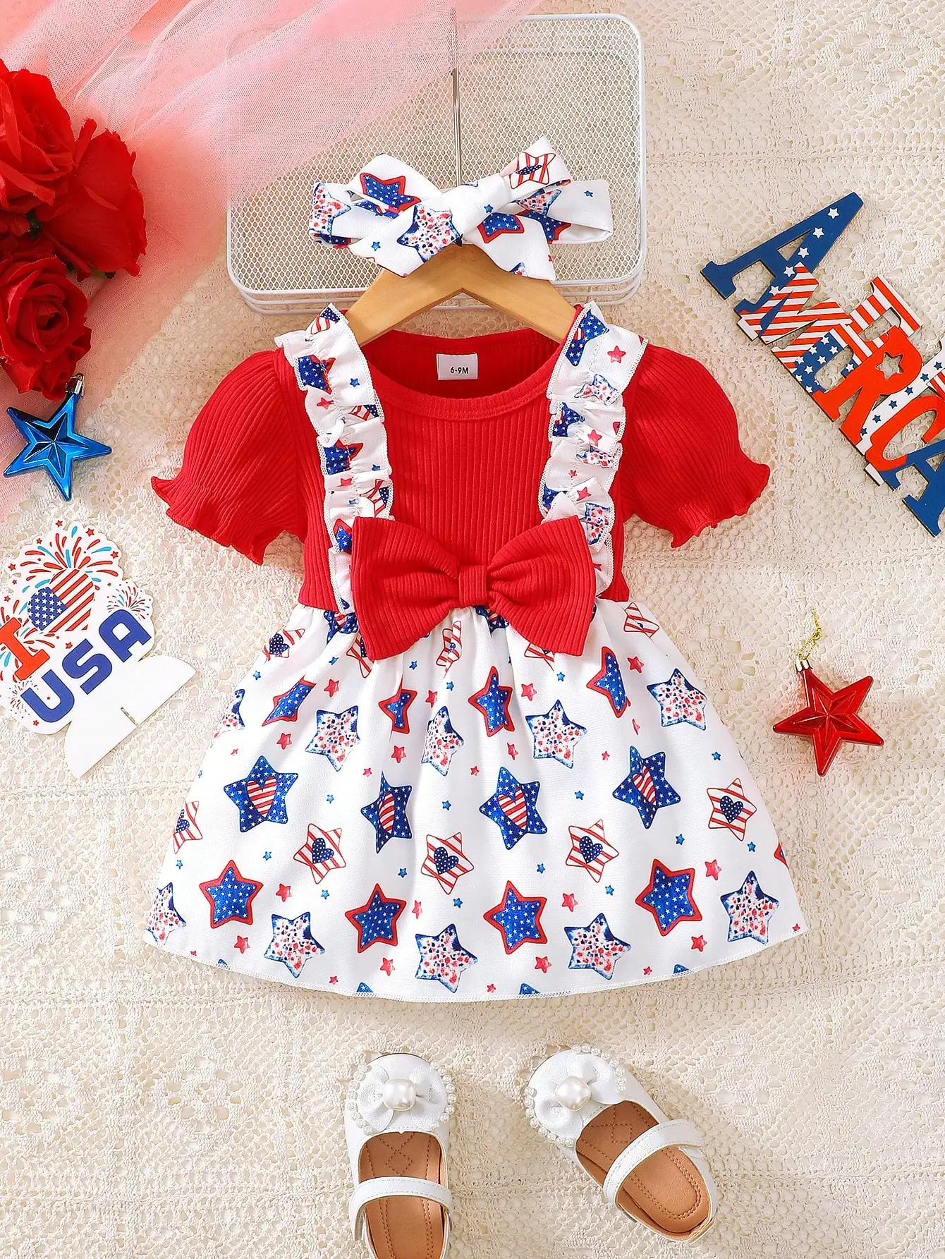 Girls' Independence Day Star-Printed Dress Set, Red Ribbed Puff Short-Sleeve Top with All-Over Star Pattern Skirt, Large Bow Decoration on the Chest, Paired with a Matching Star Bow Headband 2-Piece Set