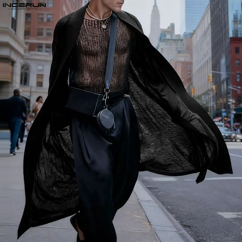 INCERUN Men Long Style Shirt Solid Open Stitch Casual Long Sleeve Male Cardigan Streetwear See Through Fashion Outerwear Men