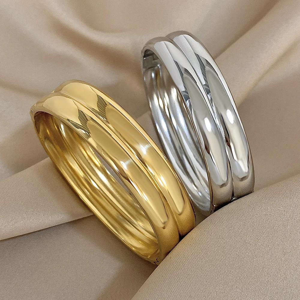

Glossy Gold Plated Stainless Steel Bangle Bracelets for Women Minimalist Doublelayer Circle Cuff Bracelet Waterproof Jewelry