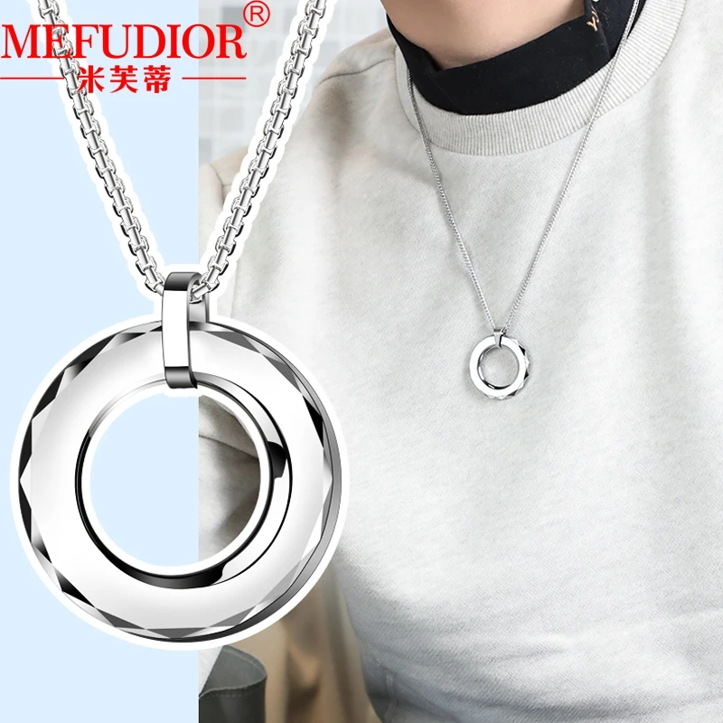 Tungsten Gold Round Necklace for Men 55cm Chains Length White Gold Color Male Pendants Hip Hop Couples Party Jewelry Gift