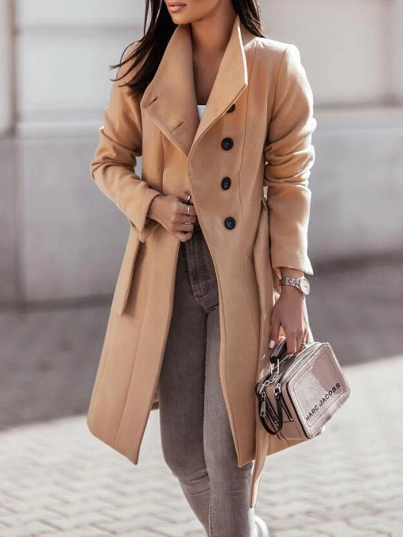 

Женское длинное пальто, осень-зима, однотонное однобортное однобортное пальто на пуговицах спереди, на шнуровке, повседневное модное пальто с лацканами и длинным рукавом, на каждый день