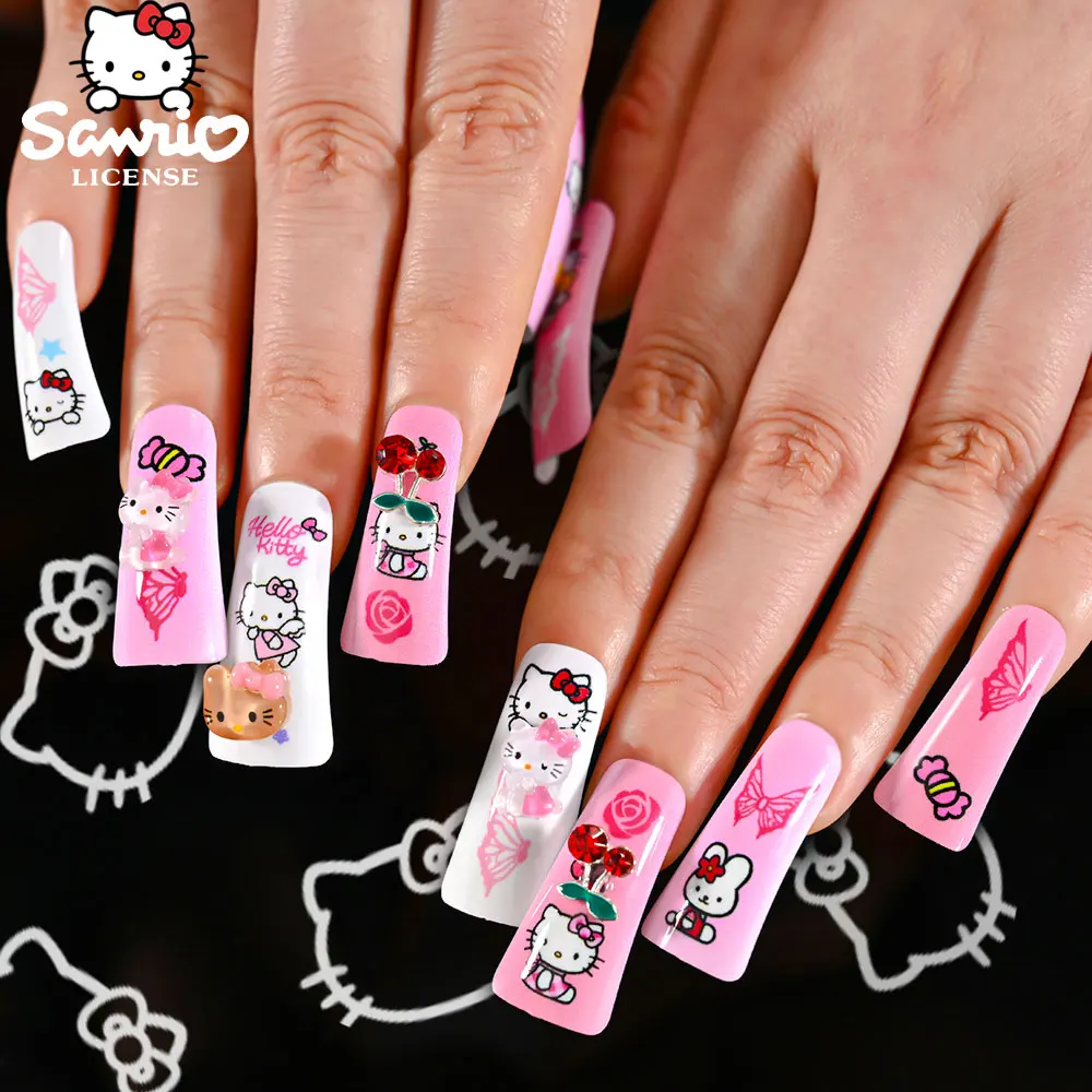 24/12pcs ปากเป็ดเล็บปลอมสีชมพู Nude Sanrio น่ารัก Hello Kitty เคล็ดลับฝรั่งเศสกดบนเล็บปลอม 3D Rhinestone Duckbill เล็บ