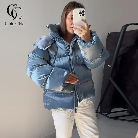 Shiny Metallic Puffer Women's Winter Jacket Detachable Hood Zip‑Up Oversized Loose Short Bubble Coat Warm Padded Outerwear