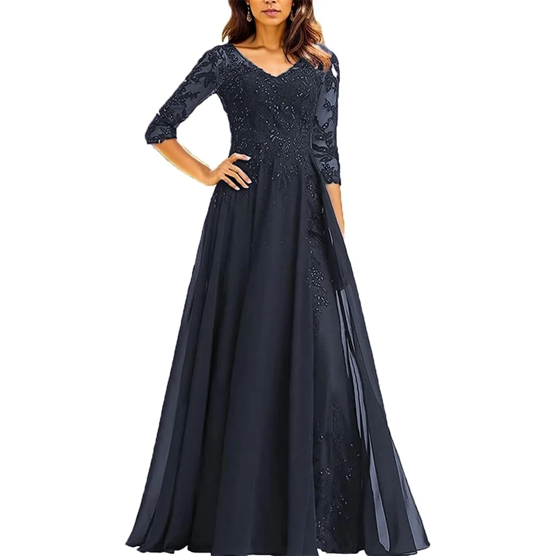 Vestidos para madre del novio con apliques de lentejuelas para mujer con manga y cuello en V, vestidos de gasa para madre de la novia