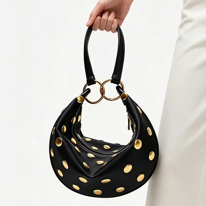 

European American Retro Punk Shoulder Bag Fashion Rivet Decor Underarm Bag Niche Designer Style Crescent Shape Zippered Handbag