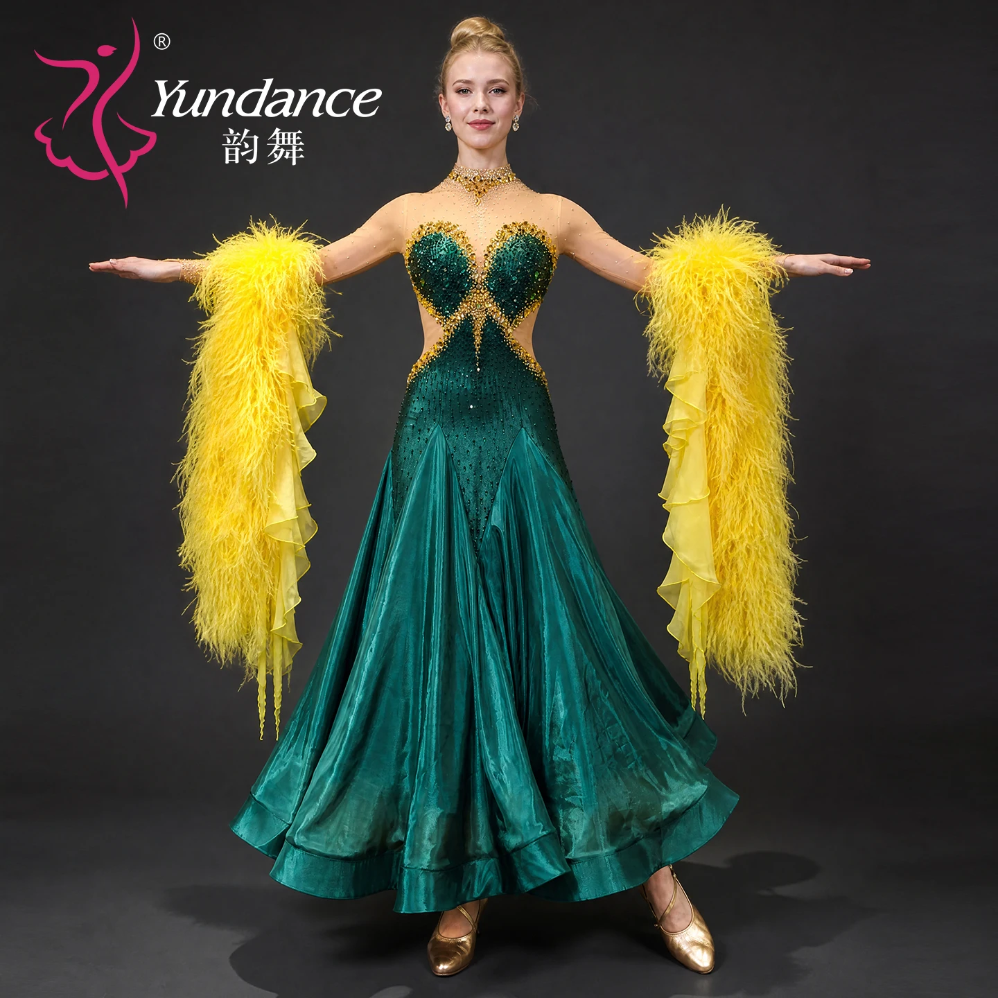 B-26088 Women's Custom Lyrical Ballroom Dance Dress - Green Satin Chiffon Waltz Competition Costume with Yellow Feather Floats